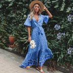 Maxi Dresses For Women Cotton Rayon Blue Floral Print Deep V-Neck Boho Summer Dress