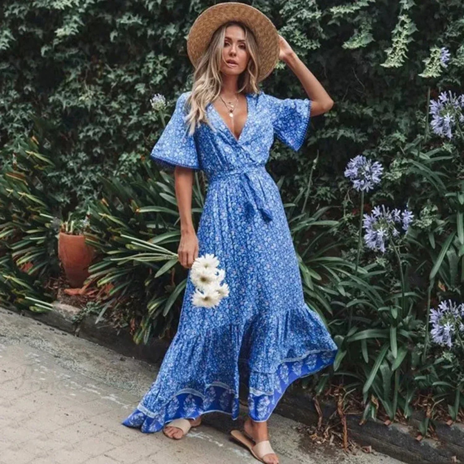 Maxi Dresses For Women Cotton Rayon Blue Floral Print Deep V-Neck Boho Summer Dress