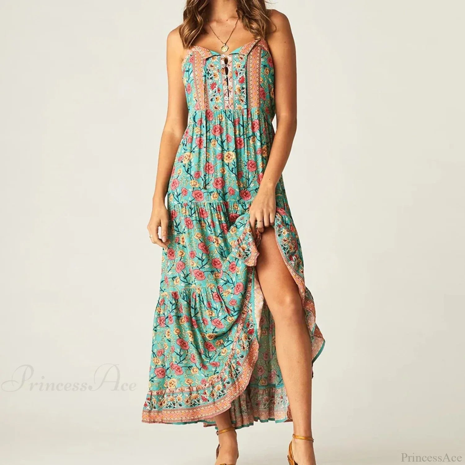 Maxi Strap Dress Green Rayon Floral Print Gypsy Summer