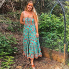 Maxi Strap Dress Green Rayon Floral Print Gypsy Summer