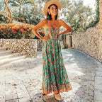 Maxi Strap Dress Green Rayon Floral Print Gypsy Summer