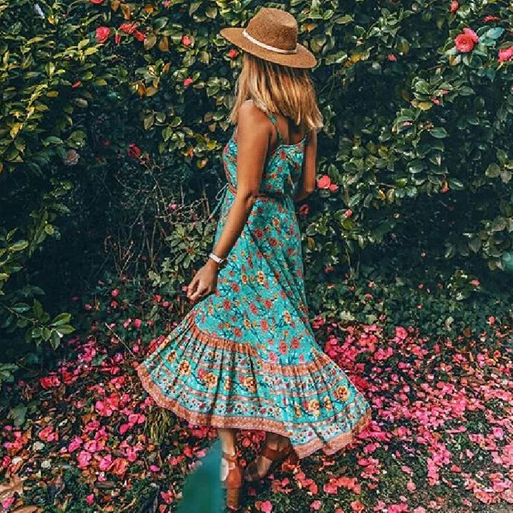 Maxi Strap Dress Green Rayon Floral Print Gypsy Summer