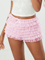 Mesh Bowknot Tiered Ruffle Short