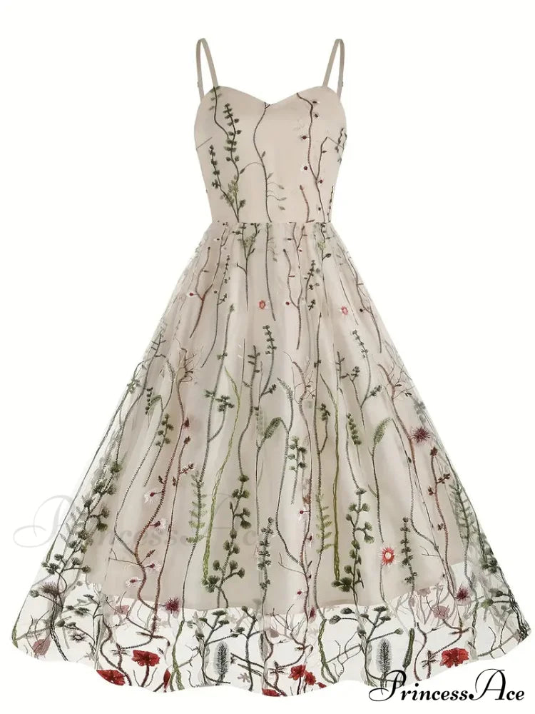 Mesh Floral Embroidery A Line Party Dress For Summer