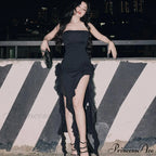 Mesh Fringe Flower Charming Tube Midi Dress