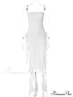 Mesh Fringe Flower Charming Tube Midi Dress