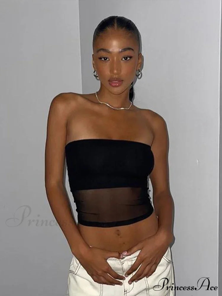 Mesh Patchwork Off Shoulder Slim Tank Crop Top