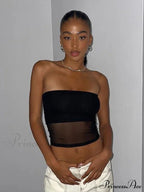 Mesh Patchwork Off Shoulder Slim Tank Crop Top