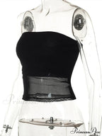Mesh Patchwork Off Shoulder Slim Tank Crop Top