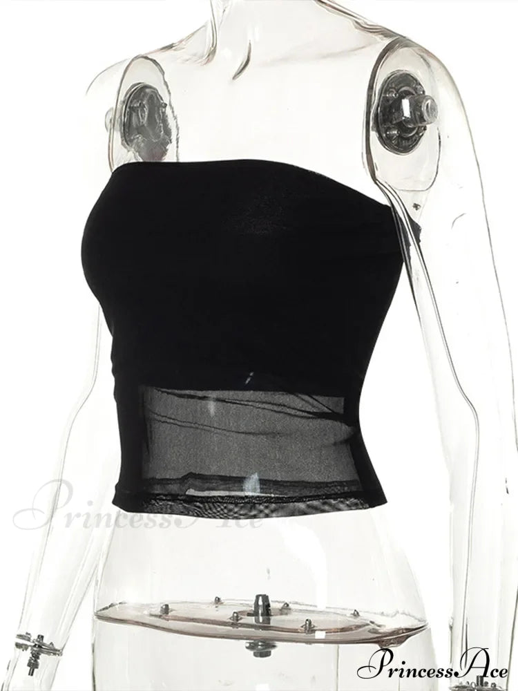 Mesh Patchwork Off Shoulder Slim Tank Crop Top