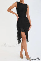 Mesh Ruffle Stylish Sleeveless Midi Dress