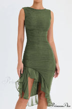 Mesh Ruffle Stylish Sleeveless Midi Dress