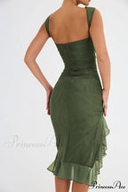 Mesh Ruffle Stylish Sleeveless Midi Dress
