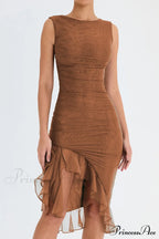 Mesh Ruffle Stylish Sleeveless Midi Dress