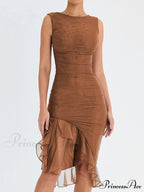 Mesh Ruffle Stylish Sleeveless Midi Dress