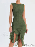 Mesh Ruffle Stylish Sleeveless Midi Dress