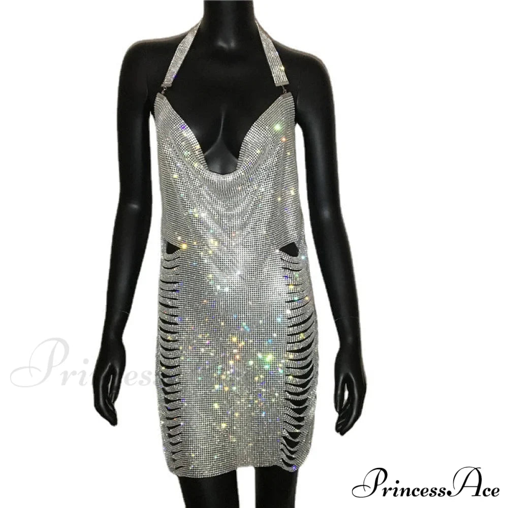 Metal Diamond Nightclub Backless Flash Dress