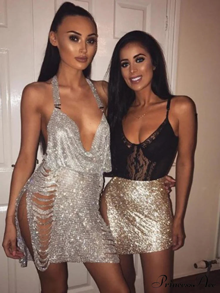Metal Diamond Nightclub Backless Flash Dress