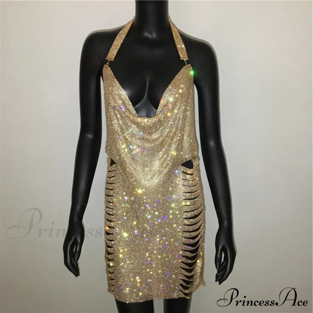 Metal Diamond Nightclub Backless Flash Dress