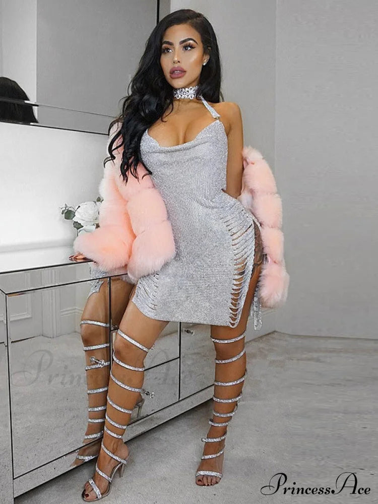 Metal Diamond Nightclub Backless Flash Dress