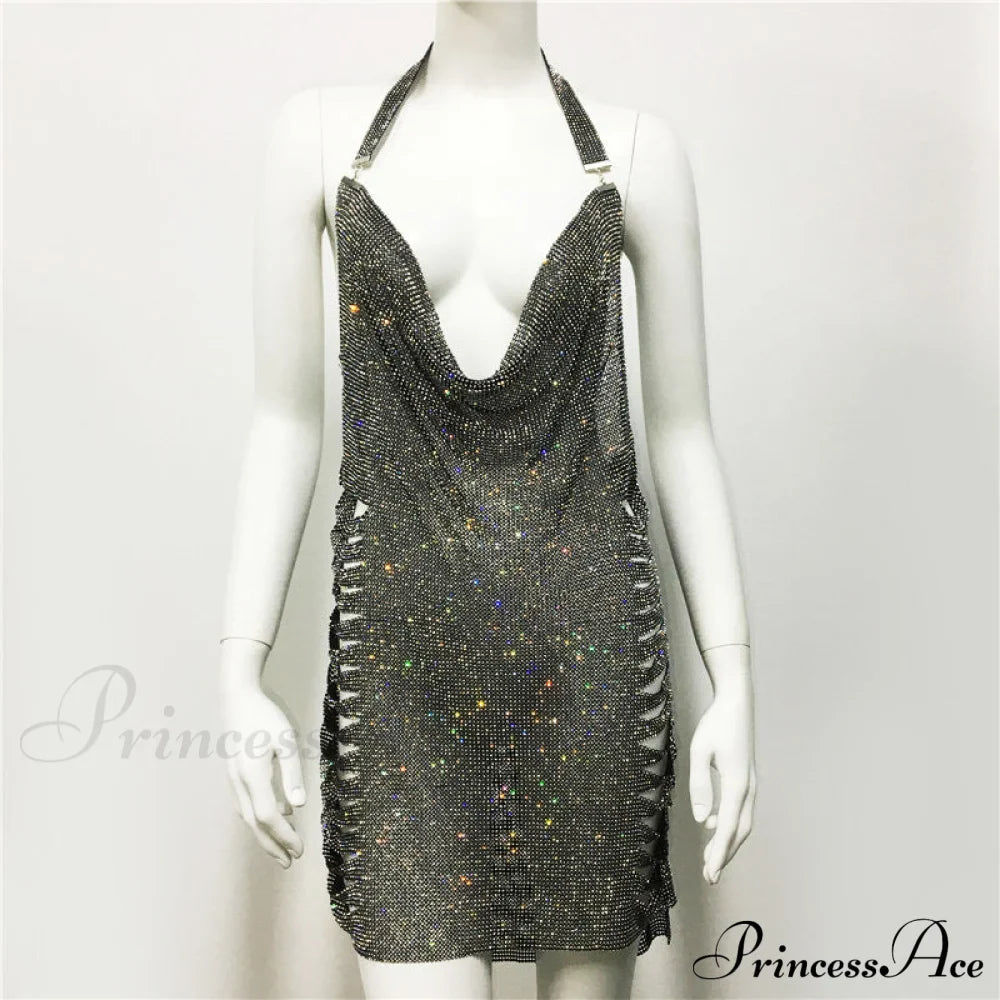 Metal Diamond Nightclub Backless Flash Dress
