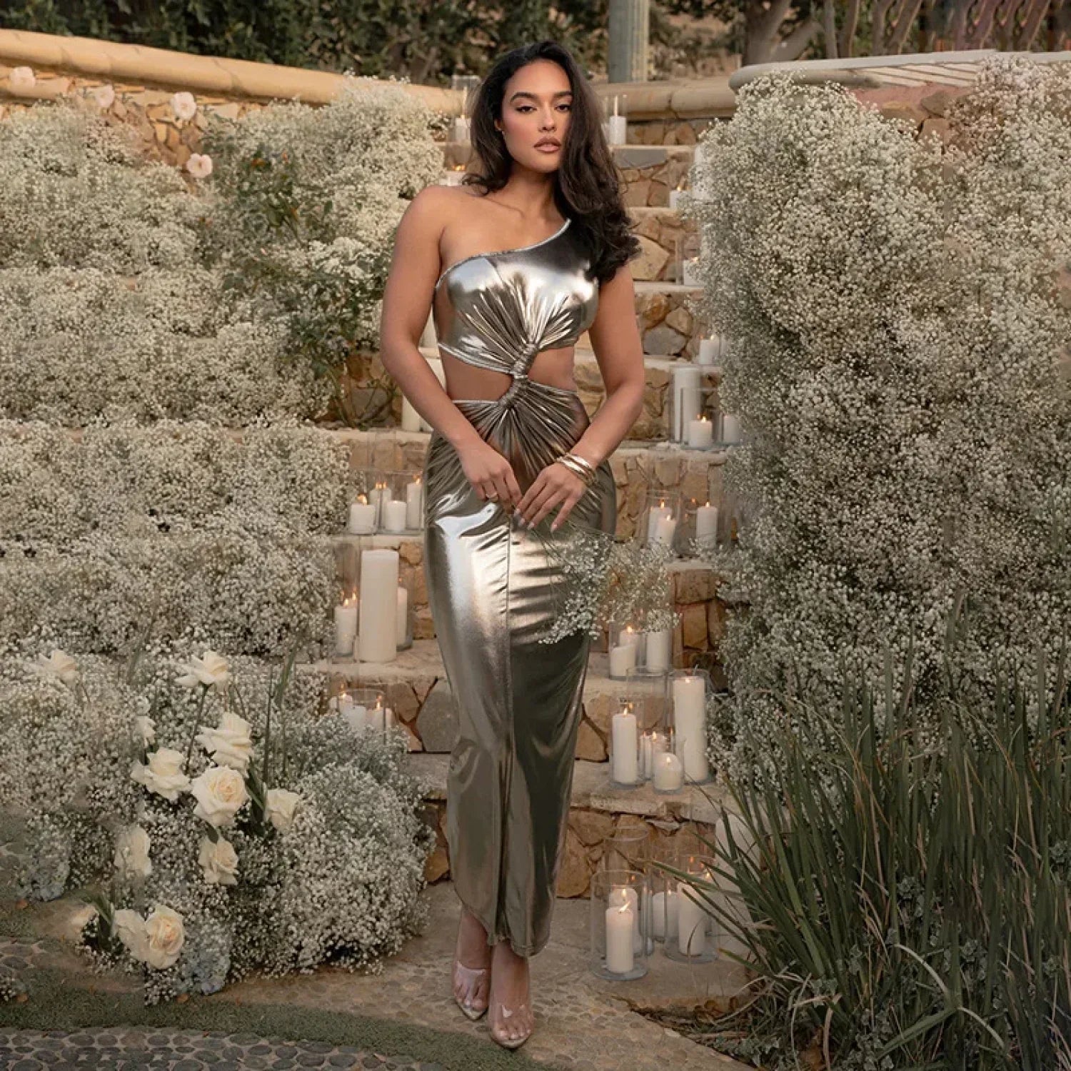 Metal Slim Bodycon Midi Vacation Dress