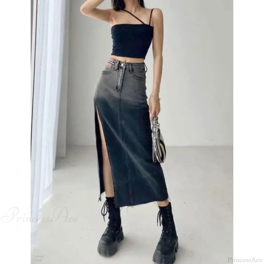 Mid-Length Slit Denim Skirt