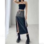Mid-Length Slit Denim Skirt