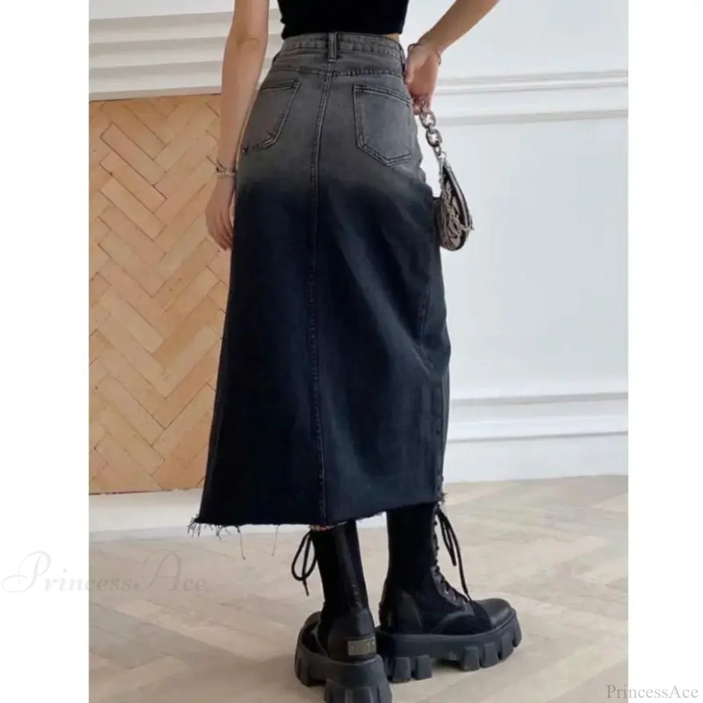 Mid-Length Slit Denim Skirt