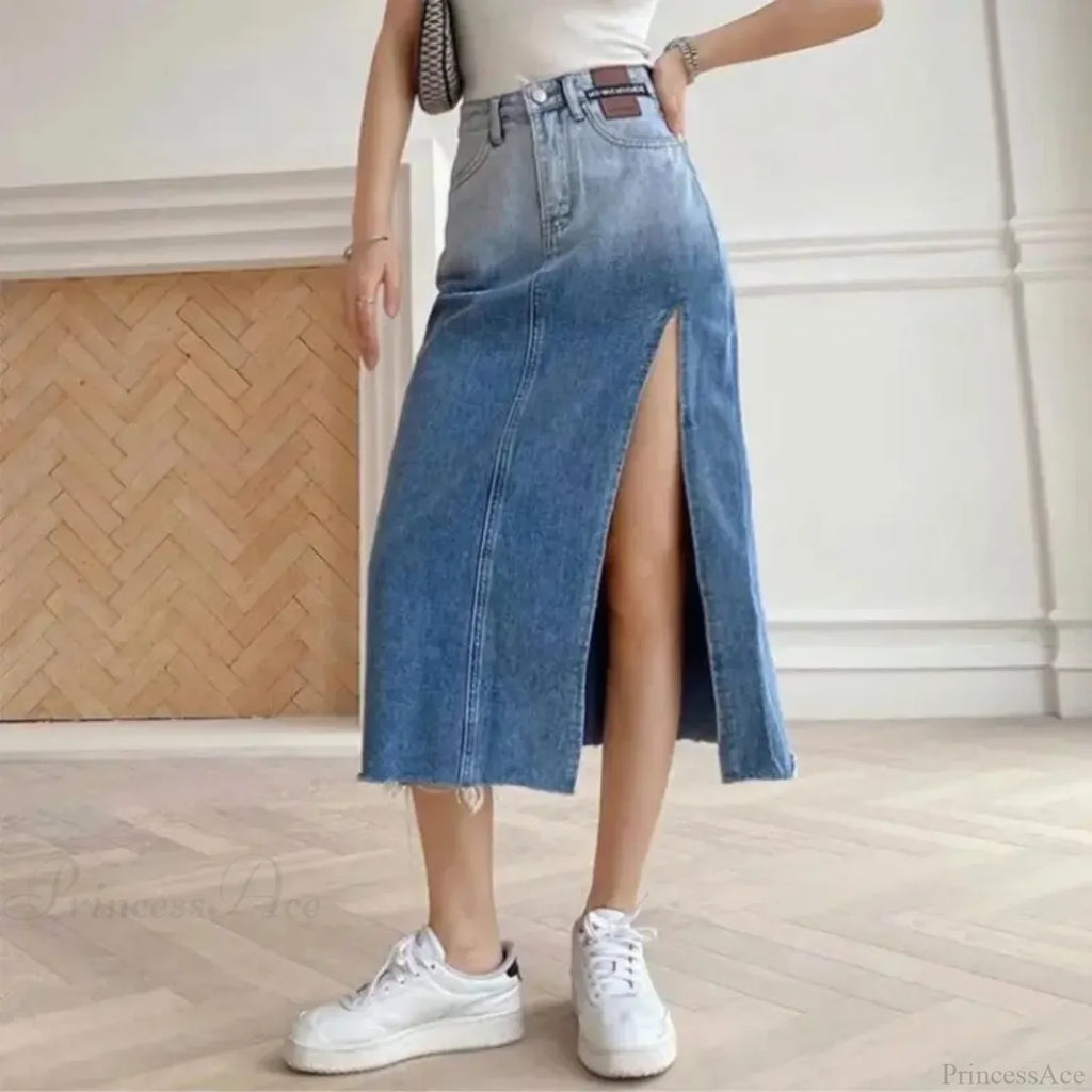 Mid-Length Slit Denim Skirt