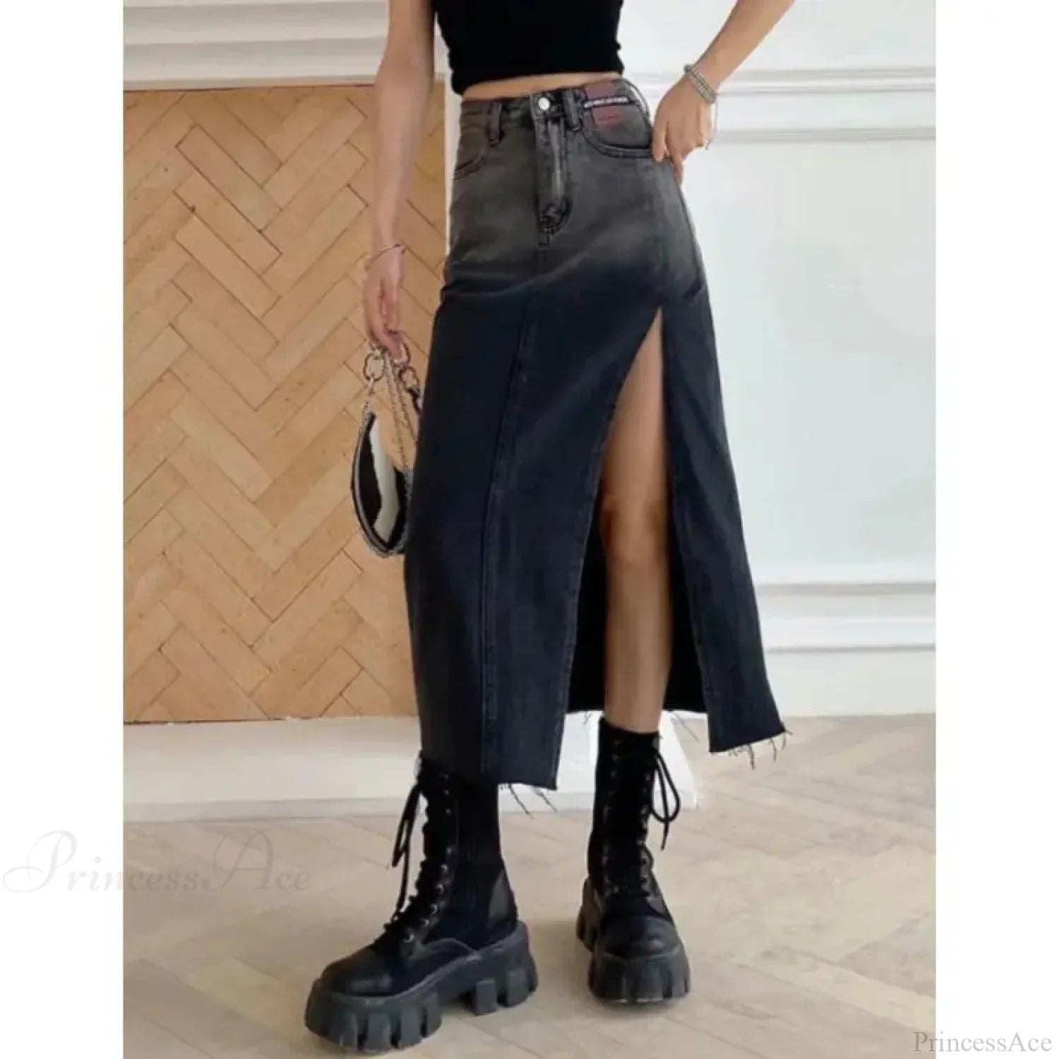 Mid-Length Slit Denim Skirt