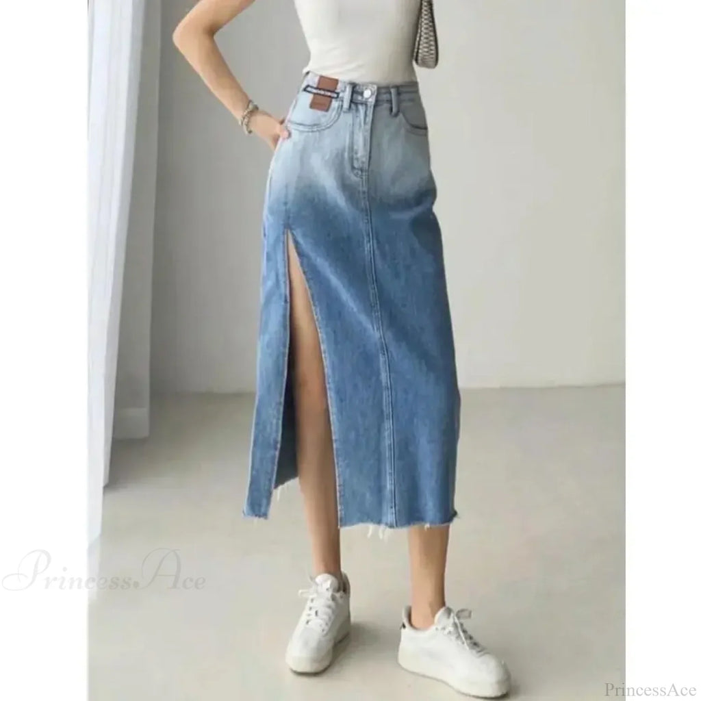 Mid-Length Slit Denim Skirt
