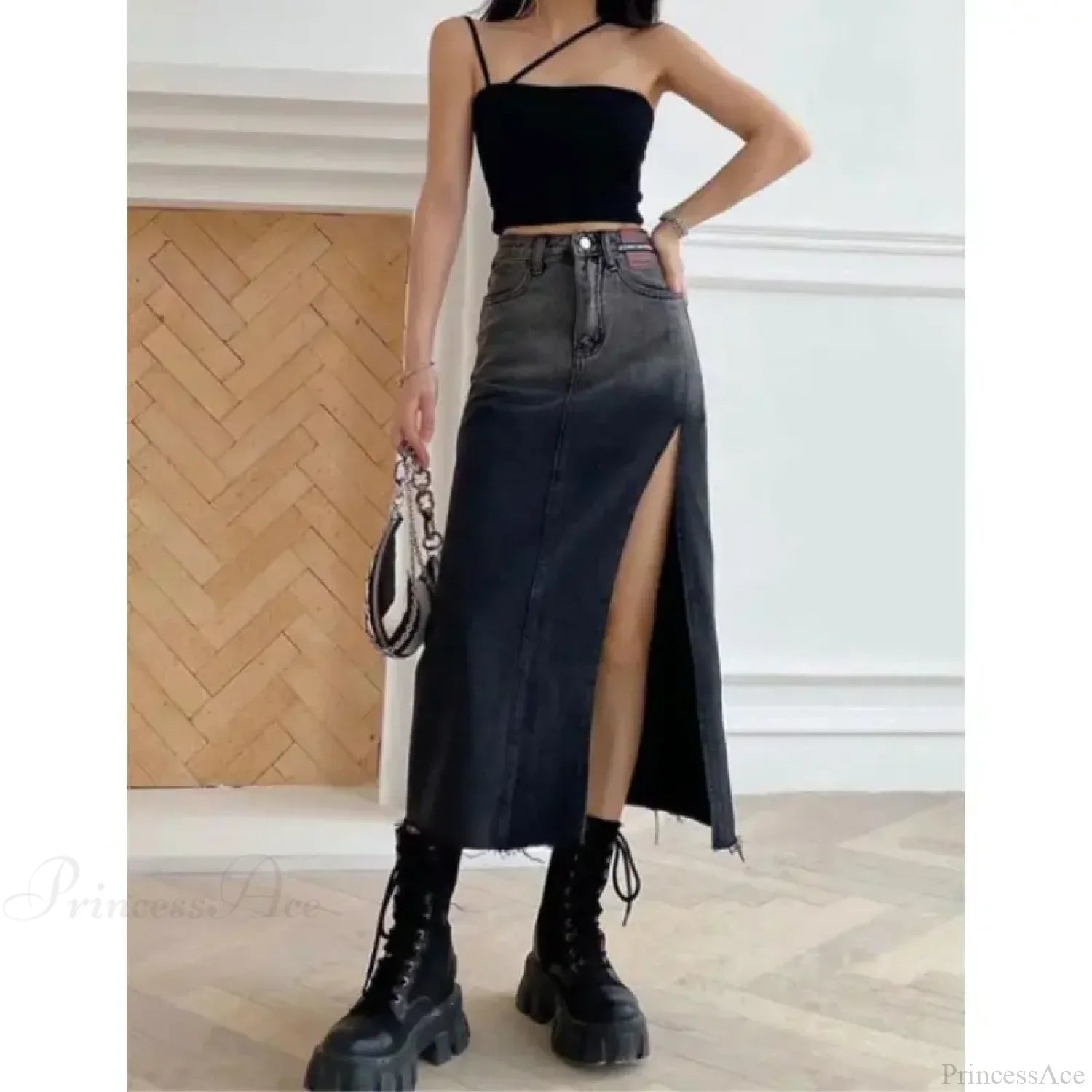 Mid-Length Slit Denim Skirt