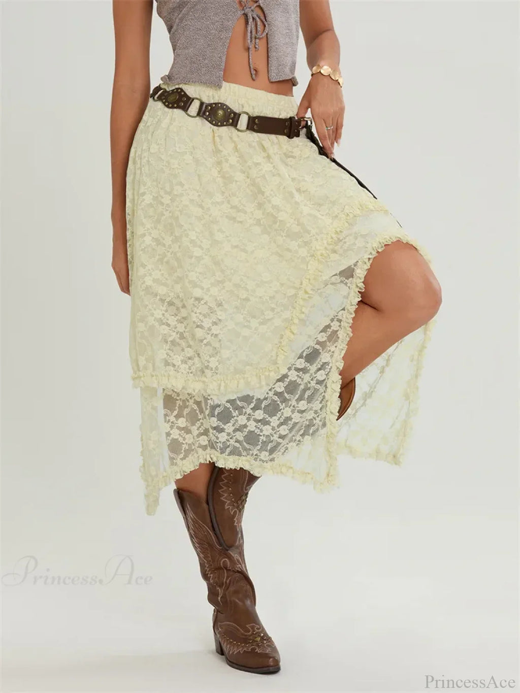 Midi Lace Floral Irregular Hem Elastic Waist Summer Skirt