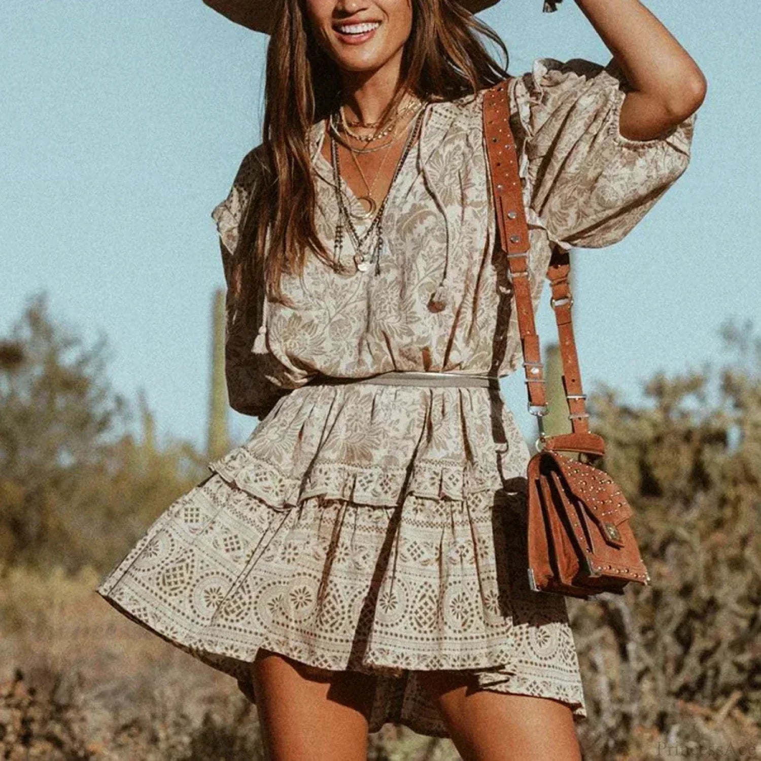 Mini Dress Boho Vintage Long Sleeve Floral Print Autumn Beach