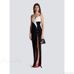 Monochrome Slit Satin Party Prom Dress