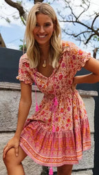 Multi Floral Print V-Neck Half Sleeve Loose Mini Boho Dress