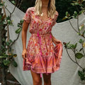 Multi Floral Print V-Neck Half Sleeve Loose Mini Boho Dress