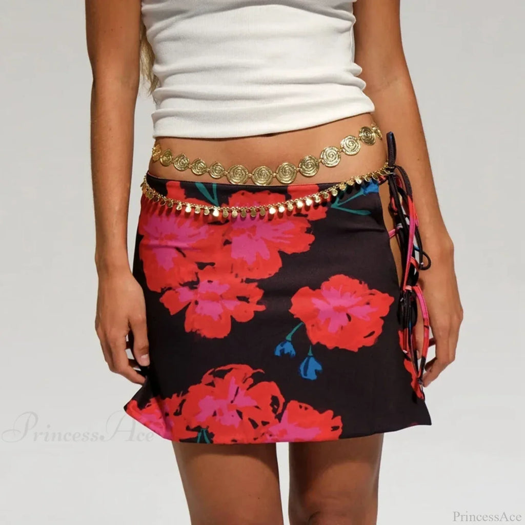 Multi-Wear Style Floral Print Mini Skirt Crop Tops Women Slim Low Waist Side Split Tie-Up Bodycon Y2K Vintage Streetwear