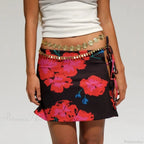 Multi-Wear Style Floral Print Mini Skirt Crop Tops Women Slim Low Waist Side Split Tie-Up Bodycon Y2K Vintage Streetwear