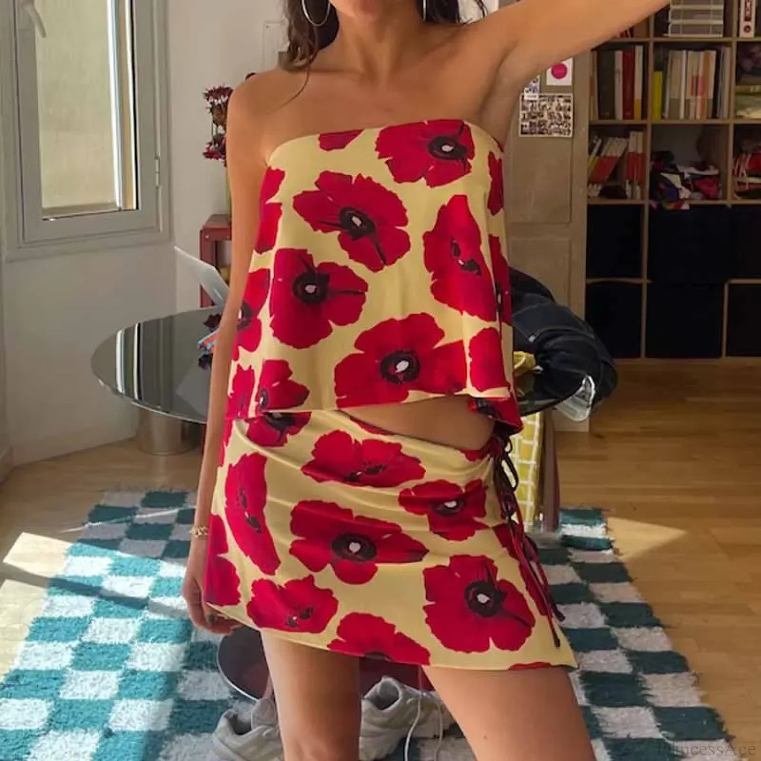 Multi-Wear Style Floral Print Mini Skirt Crop Tops Women Slim Low Waist Side Split Tie-Up Bodycon Y2K Vintage Streetwear