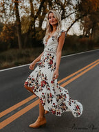 Neck Full-Length V Asymmetry Flowered Bohemia Backless Dress