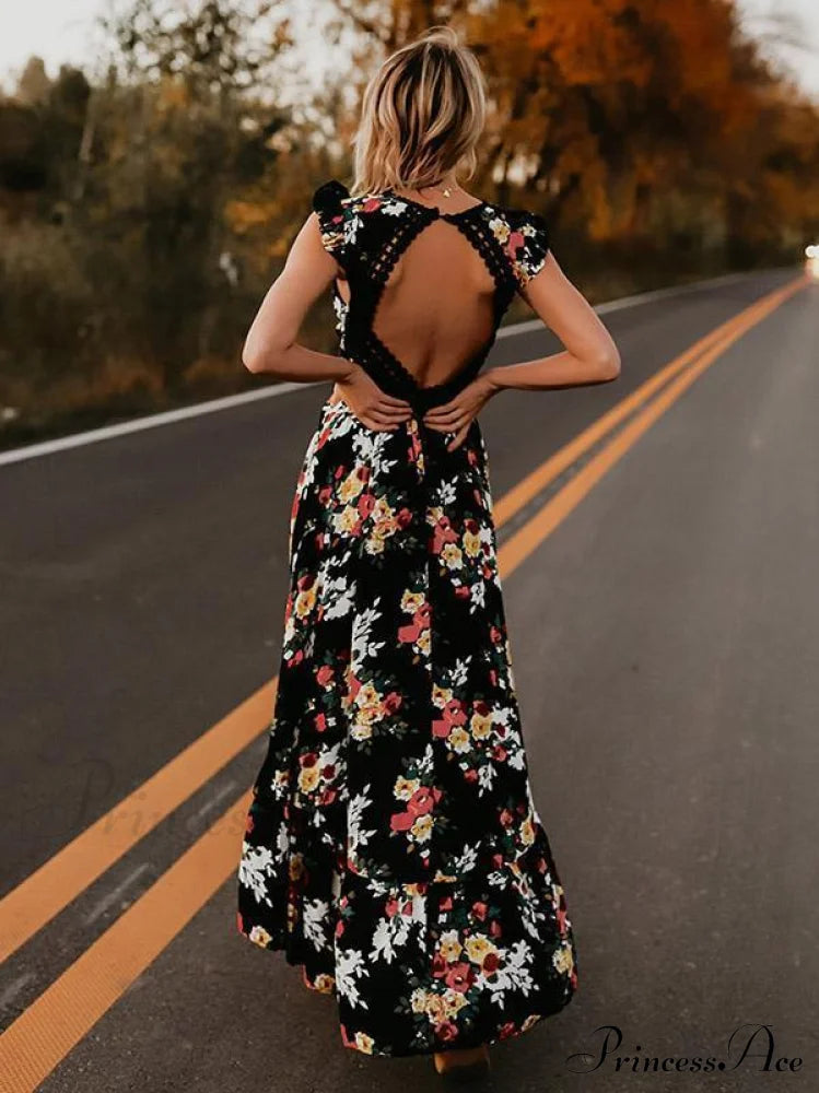 Neck Full-Length V Asymmetry Flowered Bohemia Backless Dress