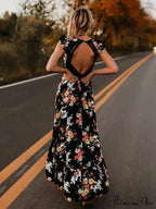 Neck Full-Length V Asymmetry Flowered Bohemia Backless Dress