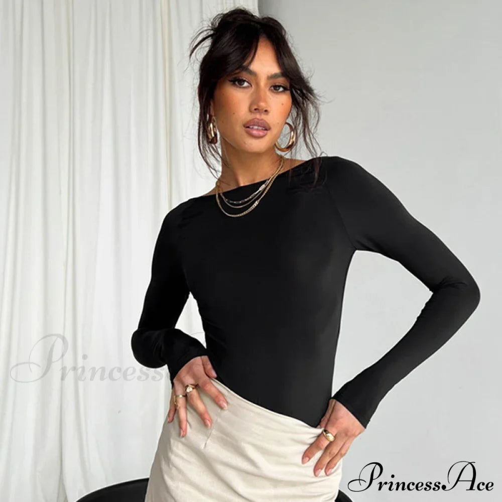 Neck Arm Round Long Color Solid Slim T-Shirt