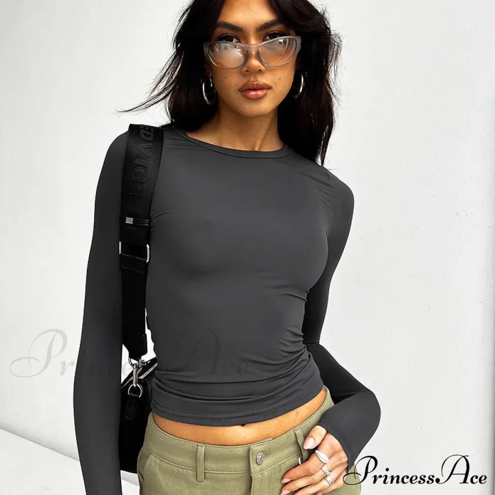 Neck Arm Round Long Color Solid Slim T-Shirt