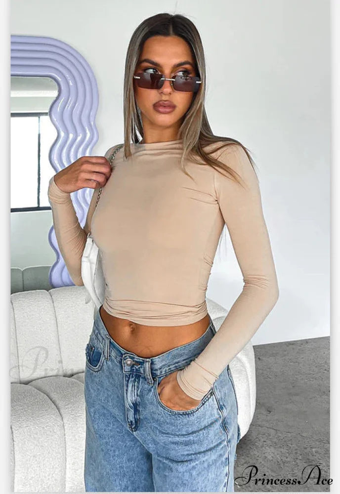 Neck Arm Round Long Color Solid Slim T-Shirt