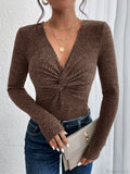 Design Kink Deep V-Neck Solid Color Slim Sweater Top Women