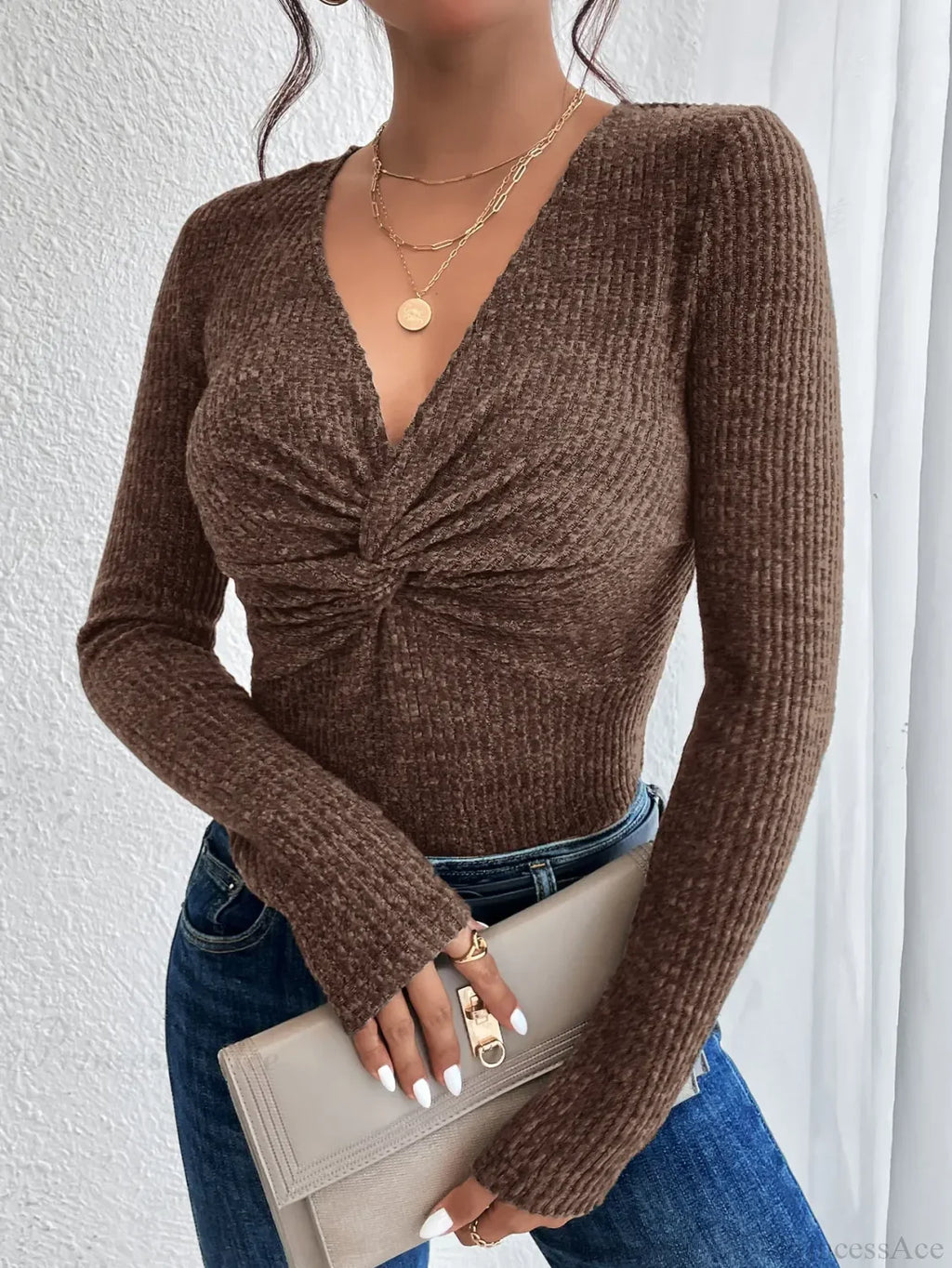 Design Kink Deep V-Neck Solid Color Slim Sweater Top Women