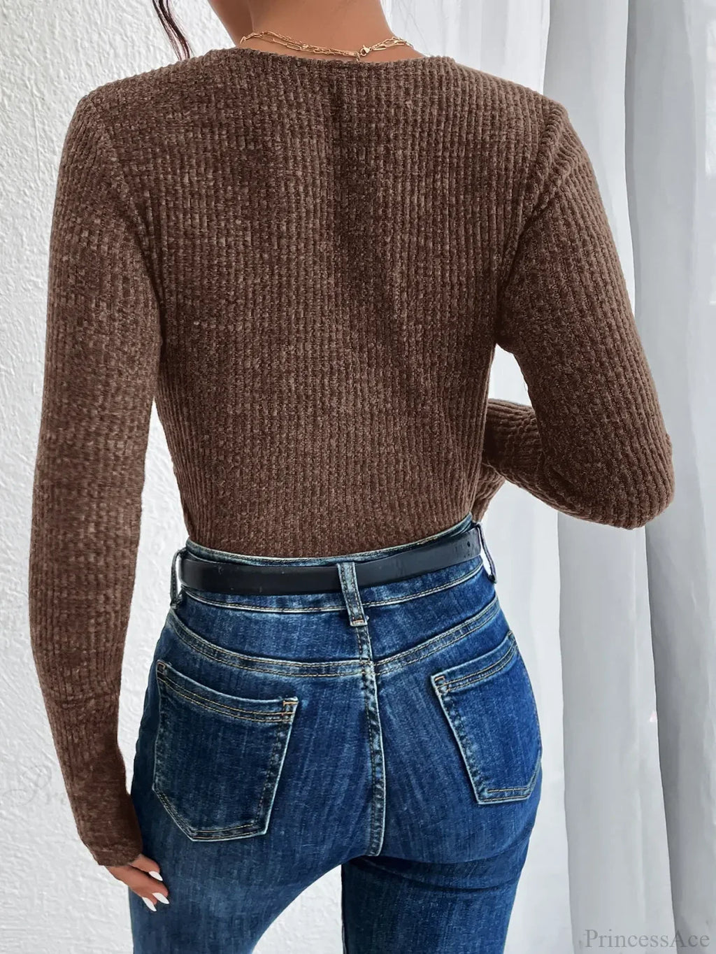 Design Kink Deep V-Neck Solid Color Slim Sweater Top Women